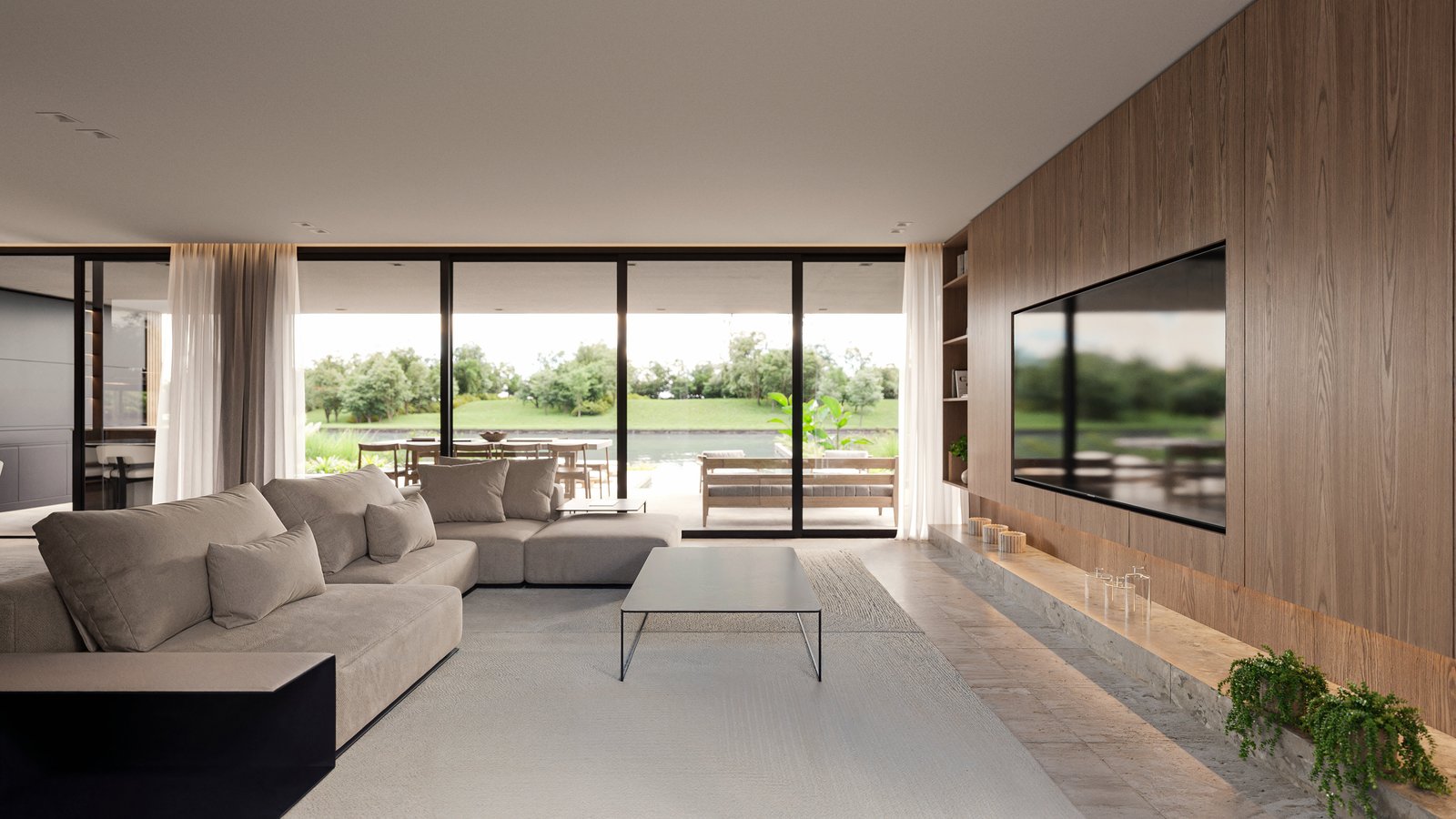 Living moderno con ventanales, madera y sofá modular — proyecto Casa CALMA, por Grupo CRBN, en Av. de los Lagos 100