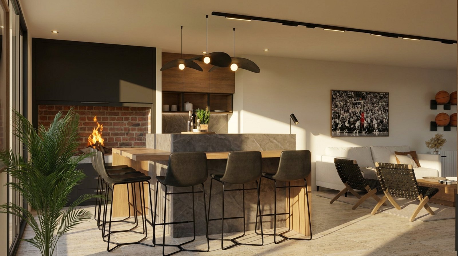 Cozinha moderna integrada com ilha de madeira e vista urbana — projeto Diseño moderno de quincho, por Mela Deco Design, em Buenos Aires