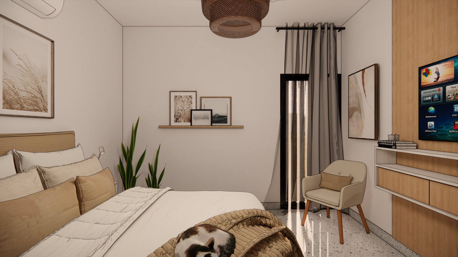 Dormitorio moderno escandinavo con detalles en madera y tonos neutros — proyecto PROYECTO DN, por Todo con A, en X5125 Monte Cristo