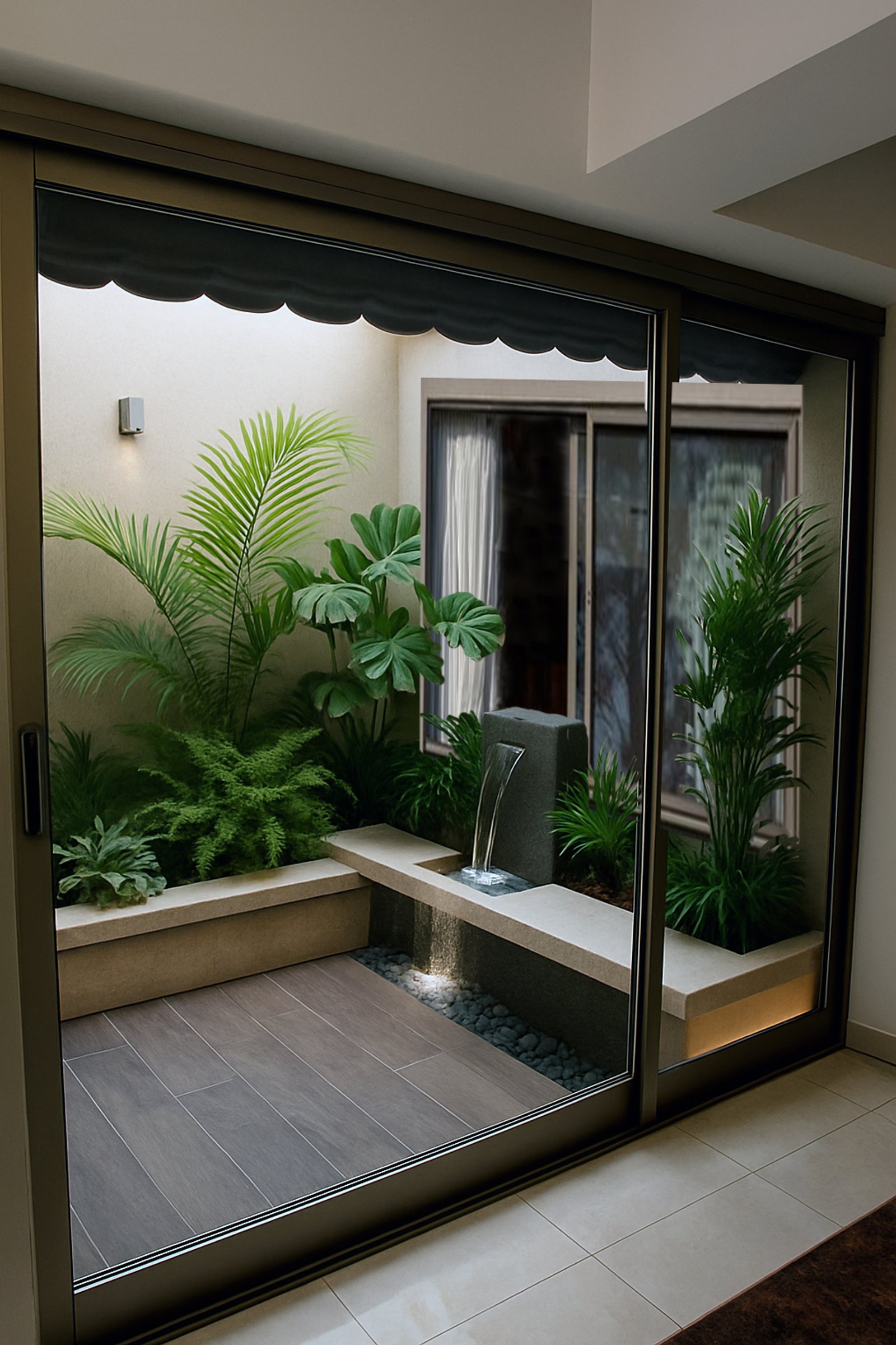 Patio jardín interior moderno con fuente de agua y suelo de madera — proyecto Armonia integral premium, por GV neuroarquitectura e interiorismo+confort, en Ticino