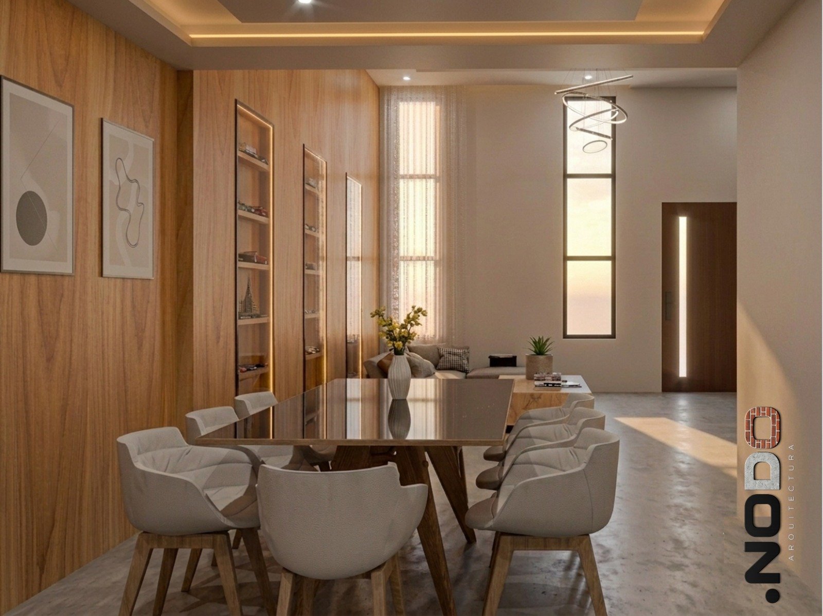 Sala de jantar moderna com mesa oval de madeira e cadeiras bege — projeto Casa MC, por Punto Nodo arquitectura, em Chaco