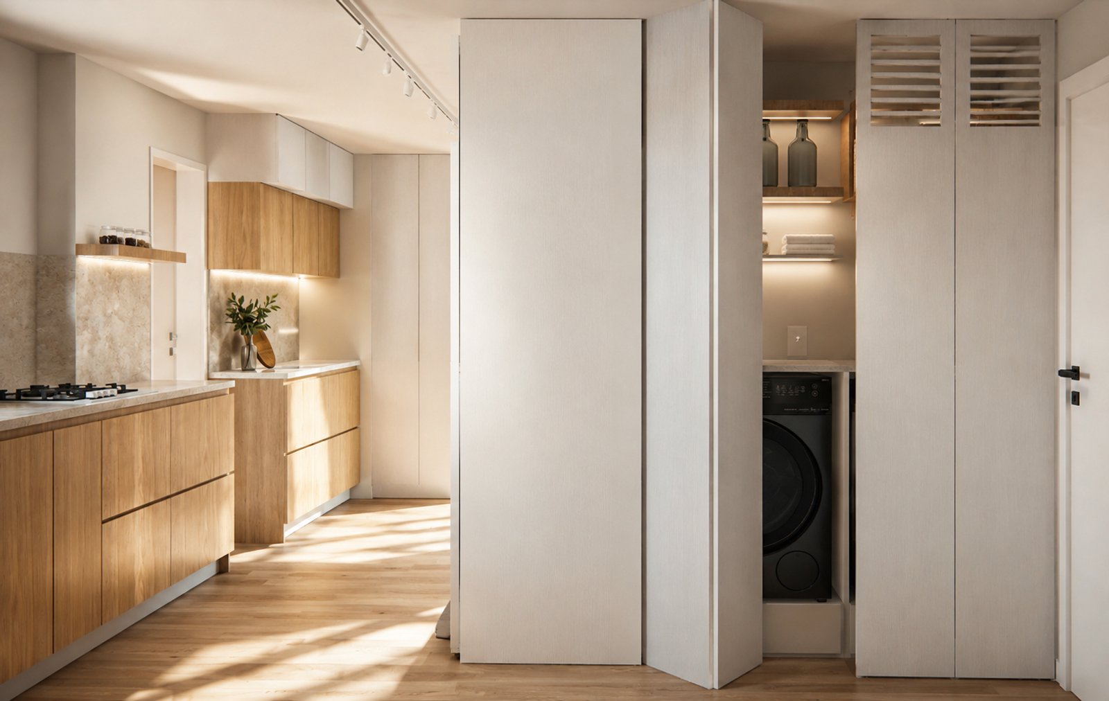 Cocina moderna minimalista con muebles de madera clara y paredes blancas — proyecto Reforma departamento minimalista , por Mela Deco Design, en Buenos Aires