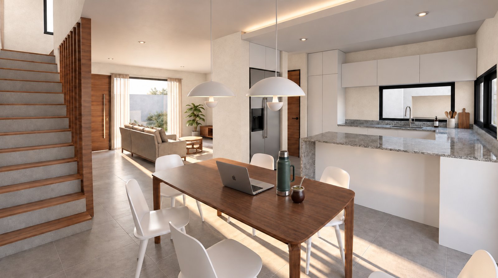 Living comedor moderno integrado con escaleras flotantes — proyecto Casa PF, por Pedro Vilchez, en Neuquén