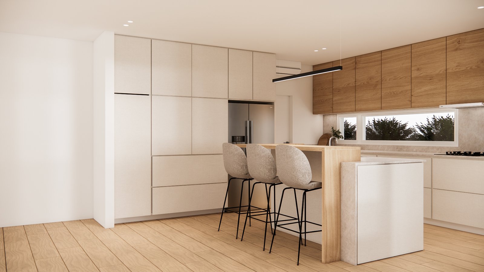 Cocina moderna y luminosa con isla central y muebles de madera — proyecto Cocina contemporánea y funcional, por Mela Deco Design, en Buenos Aires