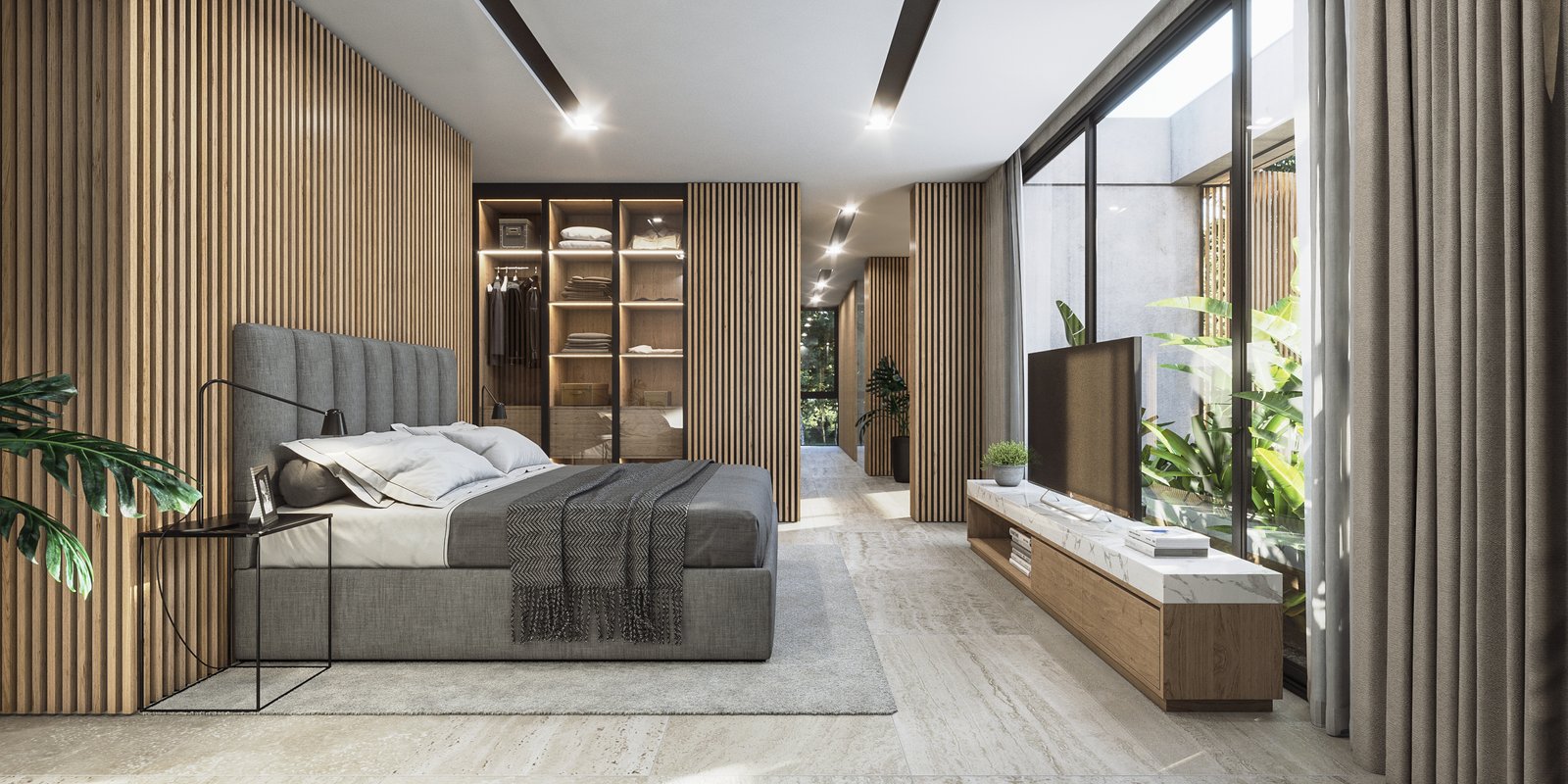 Quarto moderno com paredes de ripas de madeira e janelas amplas — projeto Casa TERRA, por Grupo CRBN, em Los Robles 5901