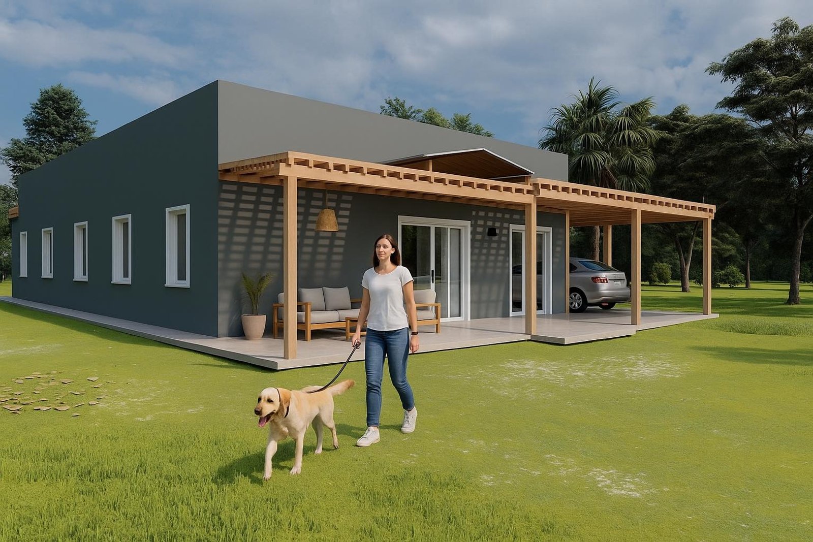 casa moderna gris con pérgola de madera y jardín — proyecto Casa de Campo, por Arquitecto Gustavo Maidana, en Col. Santa Rosa