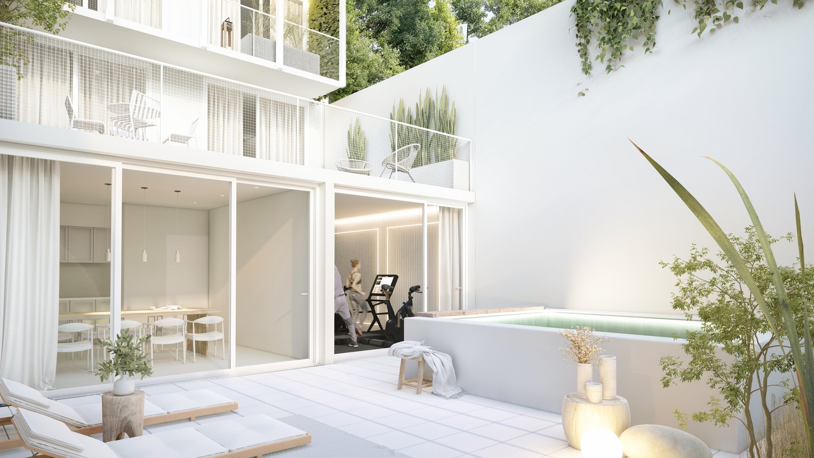 Patio moderno minimalista con piscina integrada y mobiliario blanco — proyecto Edificio Atacalco, por LW Lopez Wolder arquitectos, en Atacalco 1765