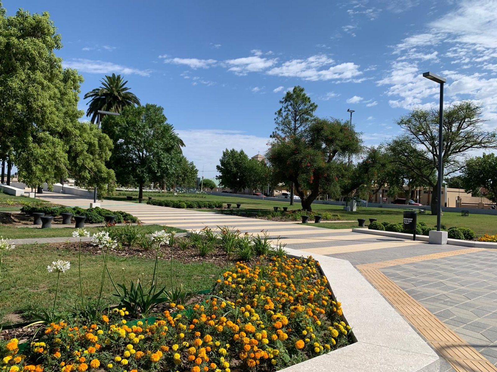 Jardín público moderno con flores amarillas y caminos de piedra — proyecto Plaza General San Martín, por LM arquitecta+paisajista, en RN9 271
