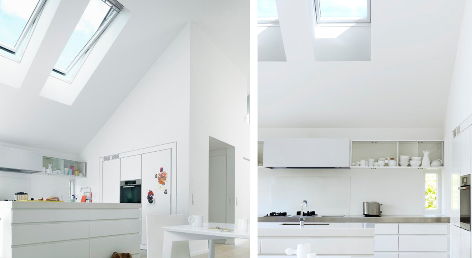 Cocina moderna minimalista blanca con luz natural y tragaluces — proyecto Cocina, por VELUX