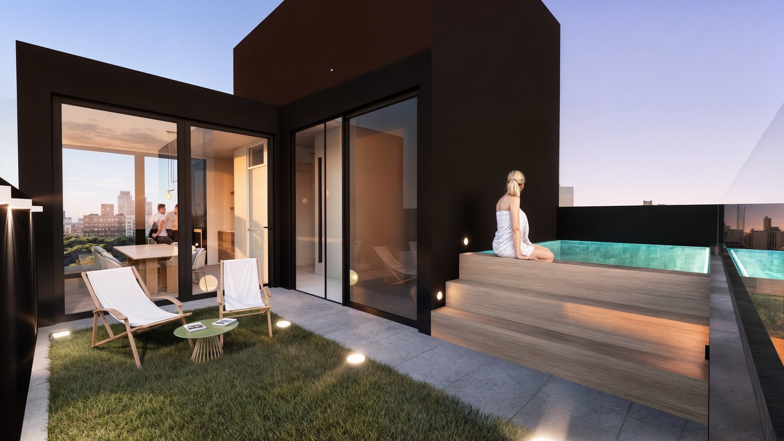 Terraza moderna con piscina y deck de madera — proyecto Edificio Acuña, por LW Lopez Wolder arquitectos, en Francisco Acuña de Figueroa 330