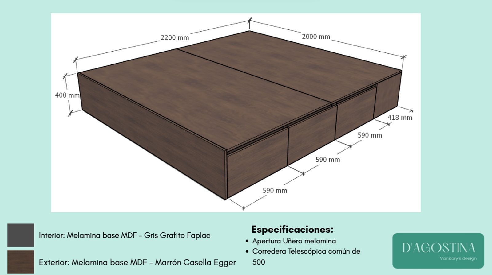 Cama baixa com gavetas e móvel modular em melamina escura — projeto Proyecto BC, por D'Agostina, em Buenos Aires
