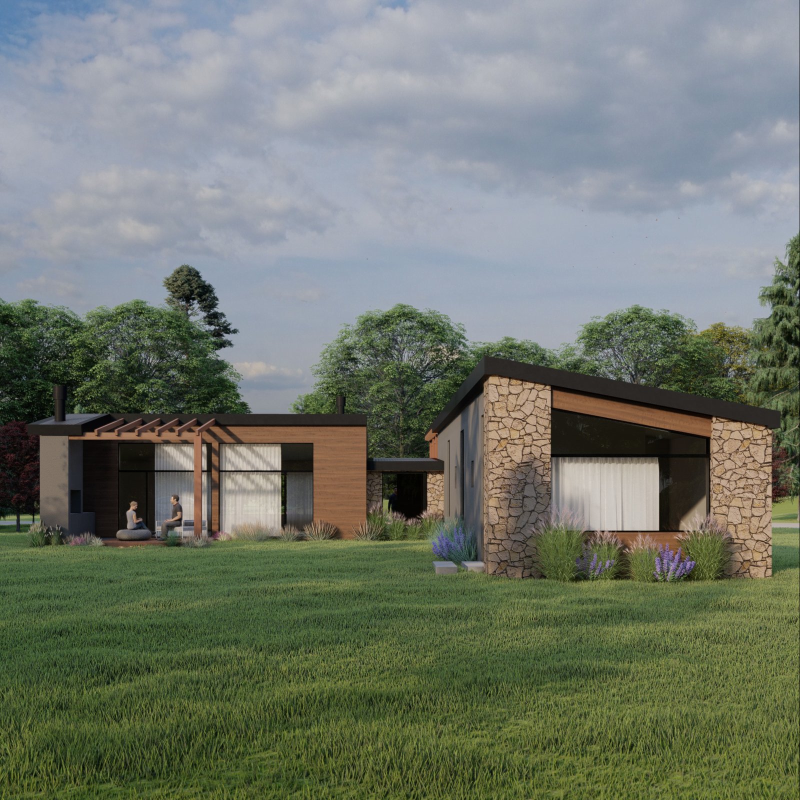 Casas modernas con fachadas de piedra, madera y grandes ventanales — proyecto Mountain House, por Arquitecta Grace Overgaard, en San Carlos de Bariloche