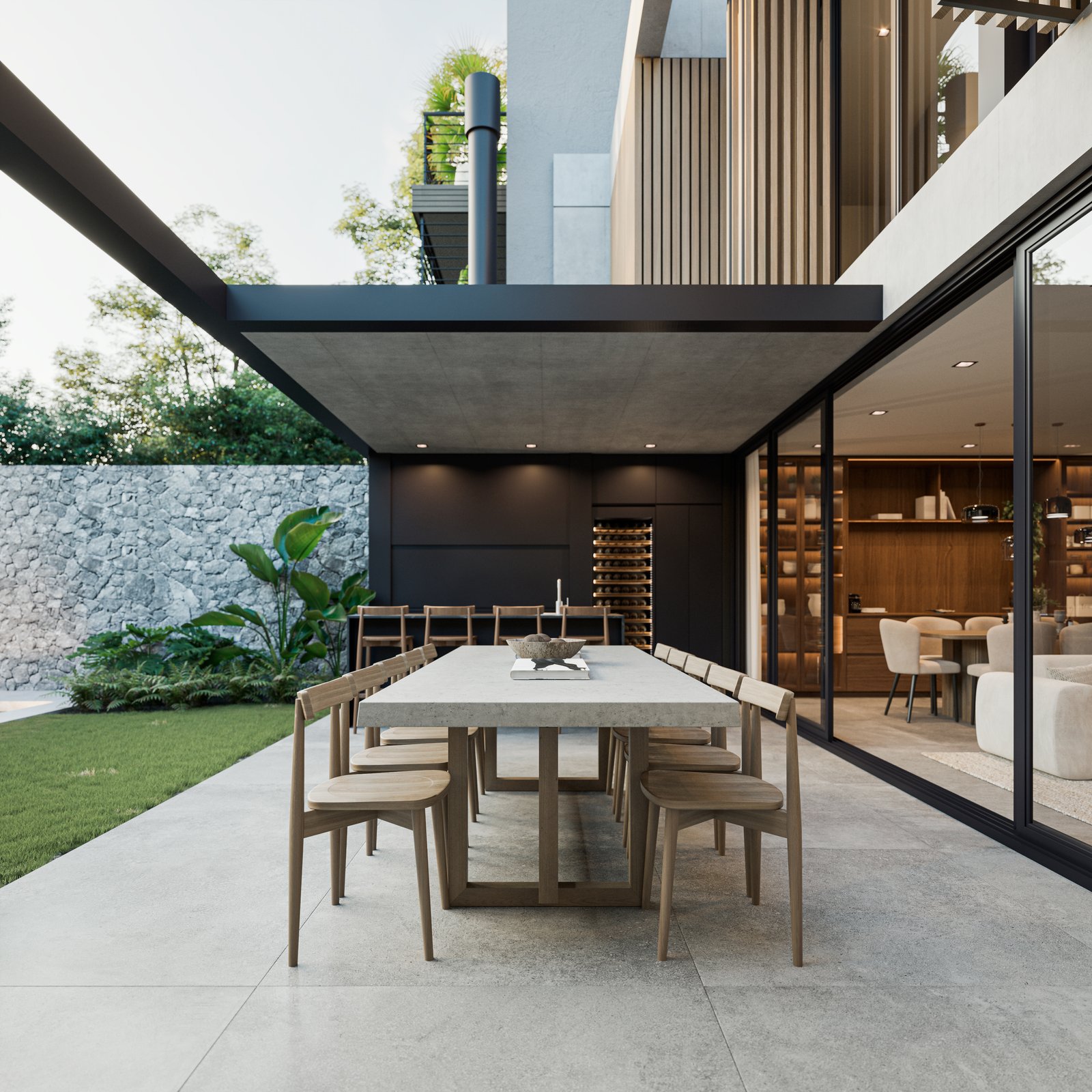 Patio comedor moderno con mesa de hormigón y pérgola de madera — proyecto Casa IZA, por Grupo CRBN, en Villa Urquiza