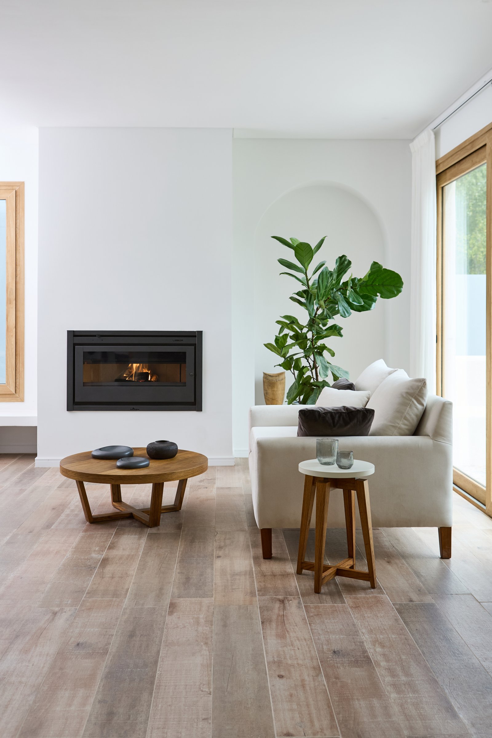 Sala de estar moderna com lareira e planta grande — projeto Casa Tromen, por San Lorenzo Design, em Bella Vista