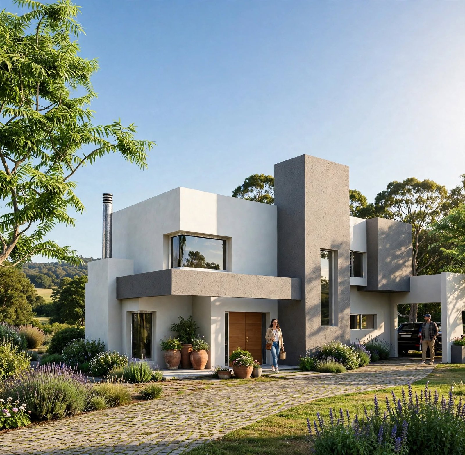 Fachada moderna com volumes geométricos e janelas amplas — projeto El bosque, por Arq. Carina Bassino, em Córdoba