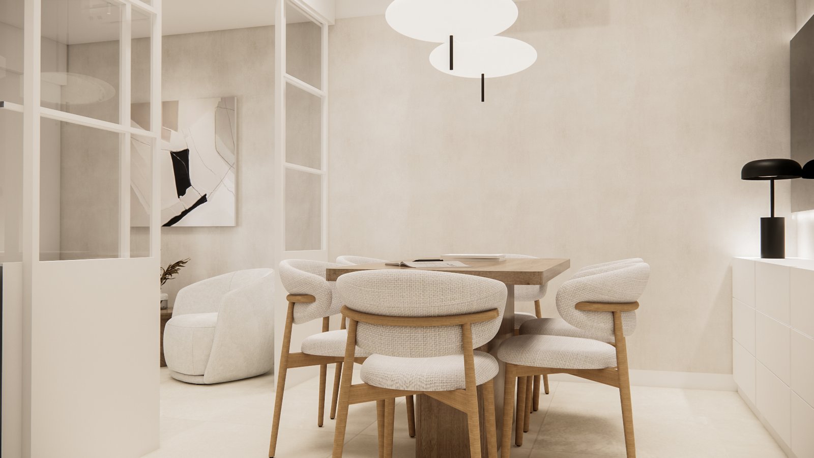 Sala de jantar moderna com cadeiras de bouclé e lustre preto — projeto Diseño de escribanía cálido, por Mela Deco Design, em Buenos Aires