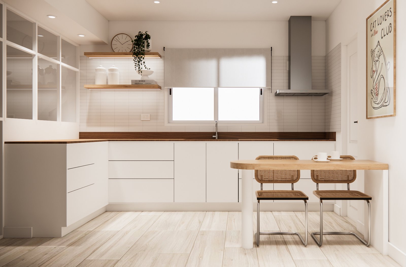 Cozinha escandinava moderna com ilha e cadeiras de rattan — projeto Cocina moderna con coffee table, por Mela Deco Design