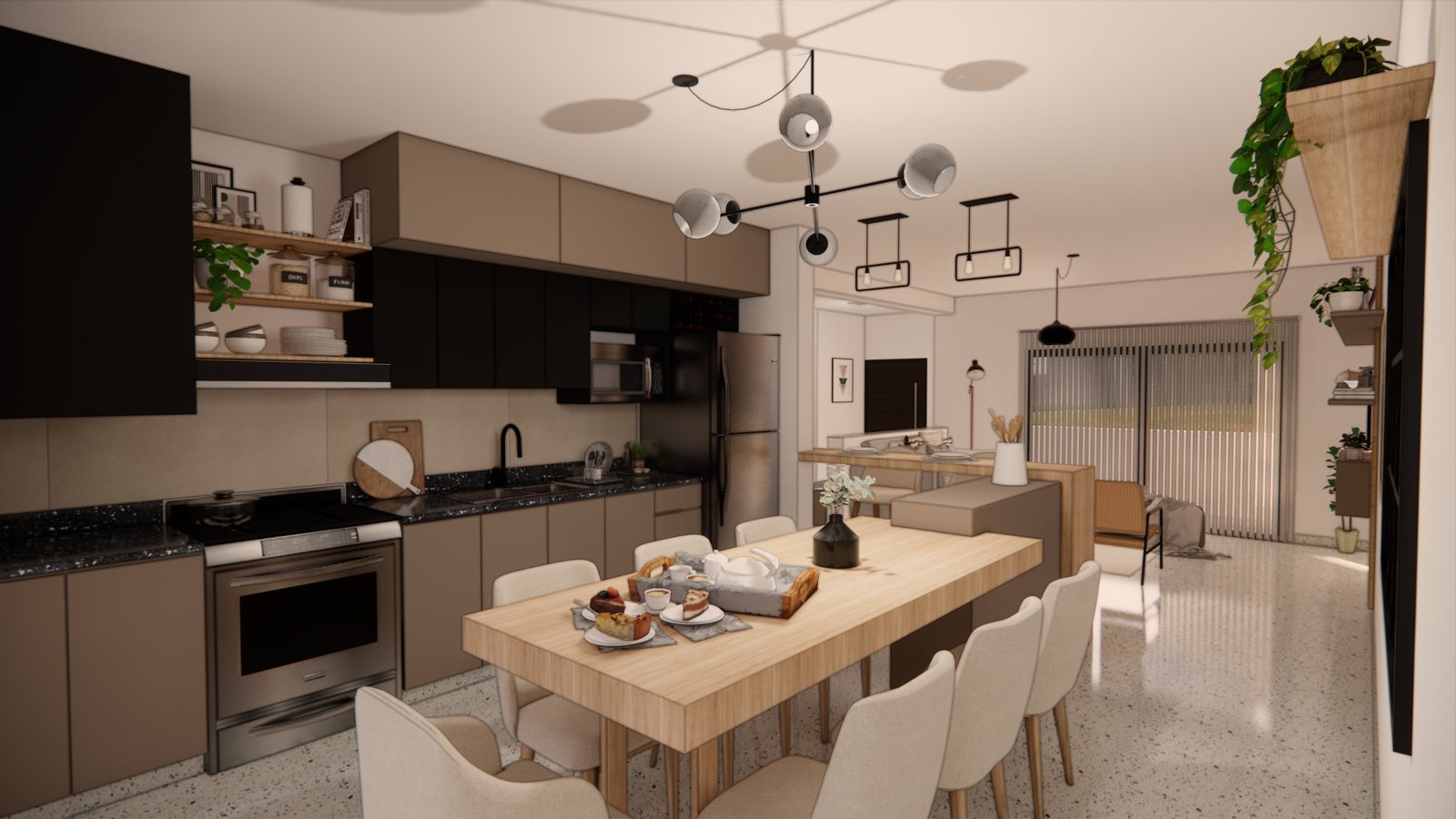 Cozinha comedor escandinava moderna com ilha grande — projeto PROYECTO MJC, por Todo con A, em X5125 Monte Cristo
