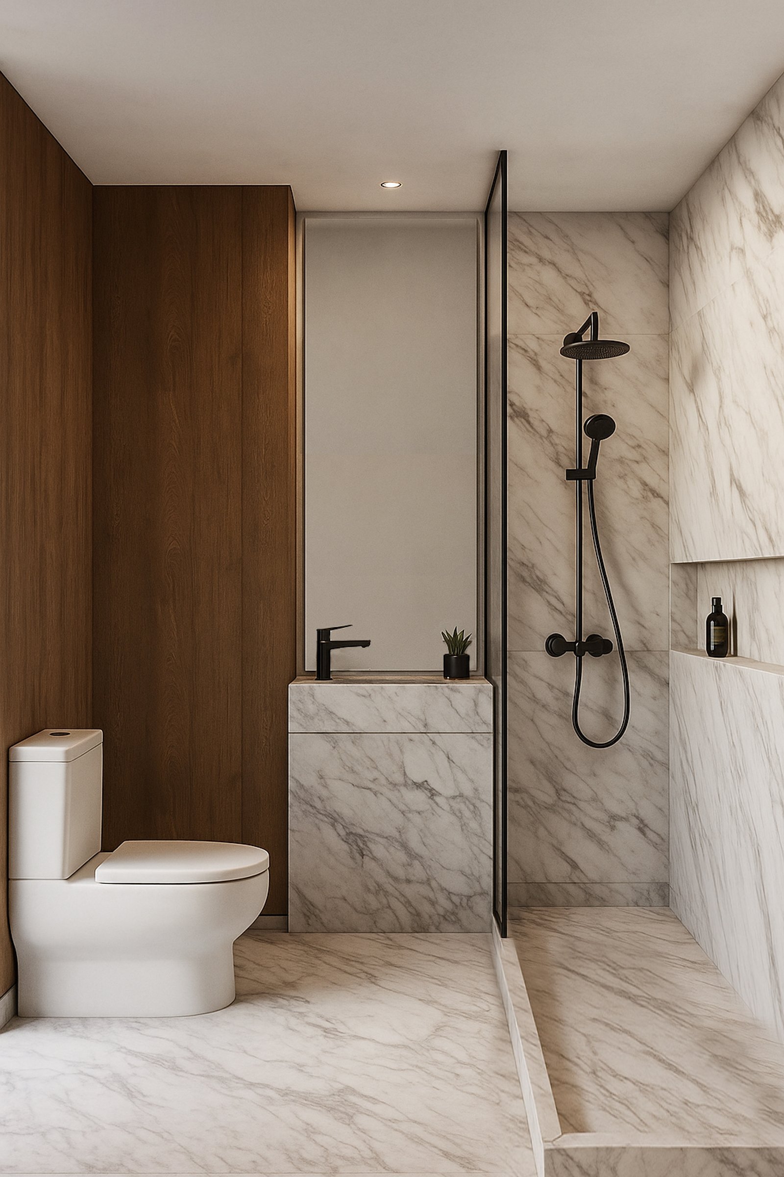Banheiro moderno com mármore e madeira, chuveiro preto e vaso sanitário minimalista — projeto Los Incas - Piso 2, por Tali Estudio, em Av. de los Incas 3190