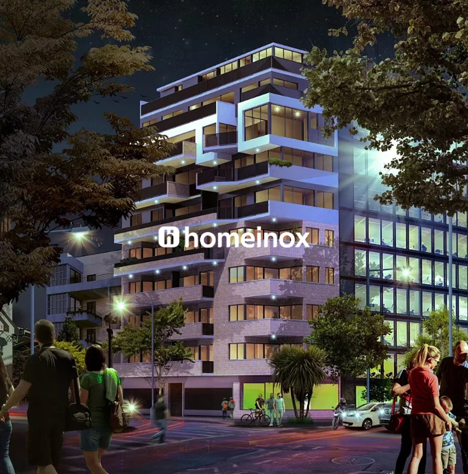 Edifício moderno de apartamentos com renderização noturna e árvores — projeto Emehome - Soler 4099, por homeinox, em Soler 4099