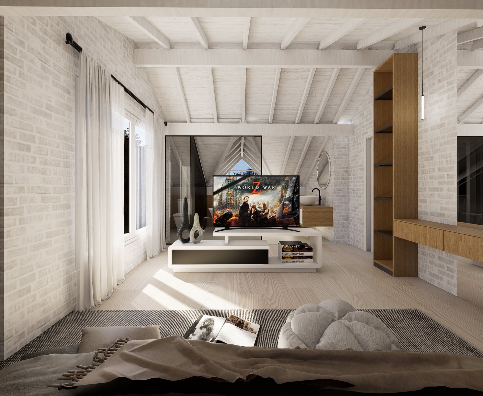 Living moderno con paredes de ladrillo expuesto — proyecto Jocker, por Plasma co, en Ezeiza