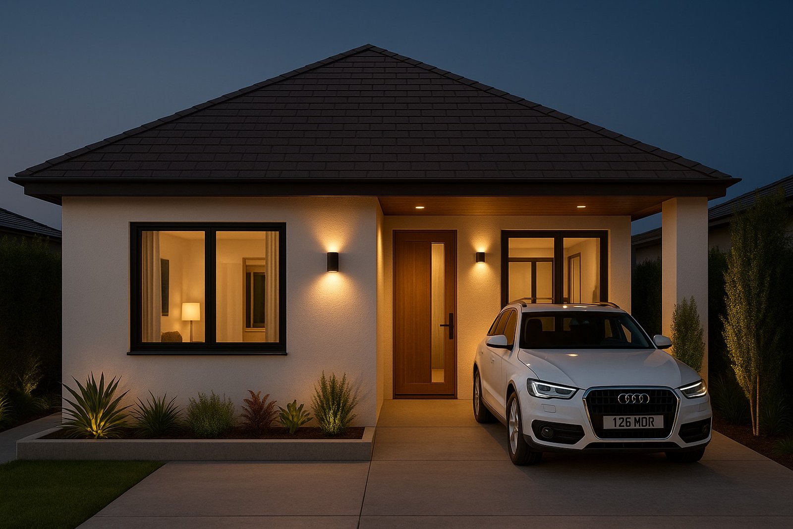 Fachada moderna de casa blanca con SUV estacionado de noche — proyecto Casas Panamá, por Vicky Ferraiuelo , en Panamá