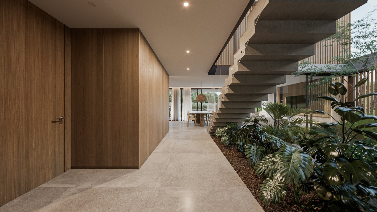 Pasillo moderno con escaleras flotantes y vegetación interior exuberante — proyecto Casa BEAT, por Grupo CRBN, en Av. de los Lagos 1815