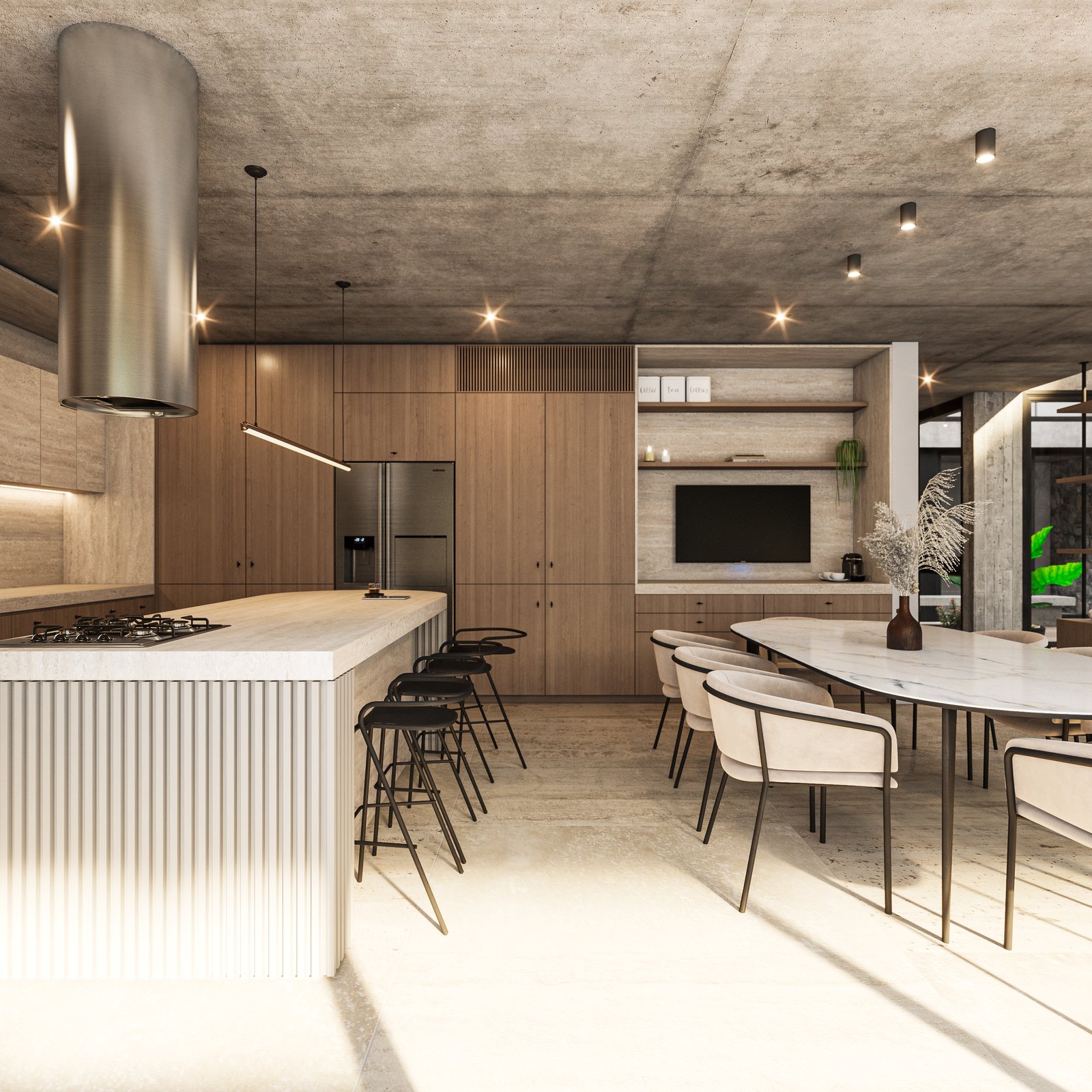 Cocina moderna con isla, techo de hormigón y mobiliario de madera — proyecto Casa MITO, por Grupo CRBN, en Ituzaingó