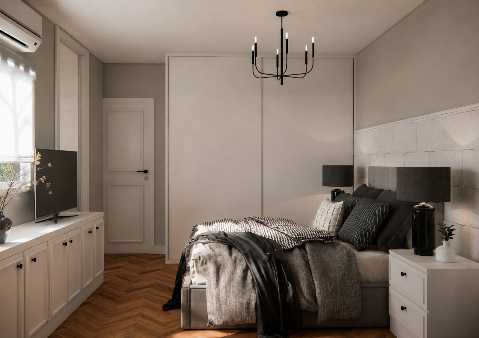 Dormitorio moderno con lámpara negra y paneles de pared — proyecto Diseño de dormitorio principal en blanco y negro , por Mela Deco Design, en Buenos Aires