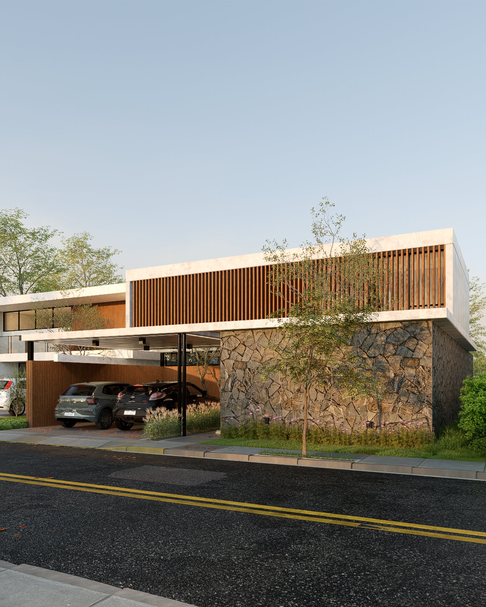 Fachada moderna con piedra apilada y madera — proyecto T14 - CASA PARASOLES, por Estudio Llobet, en Pilar