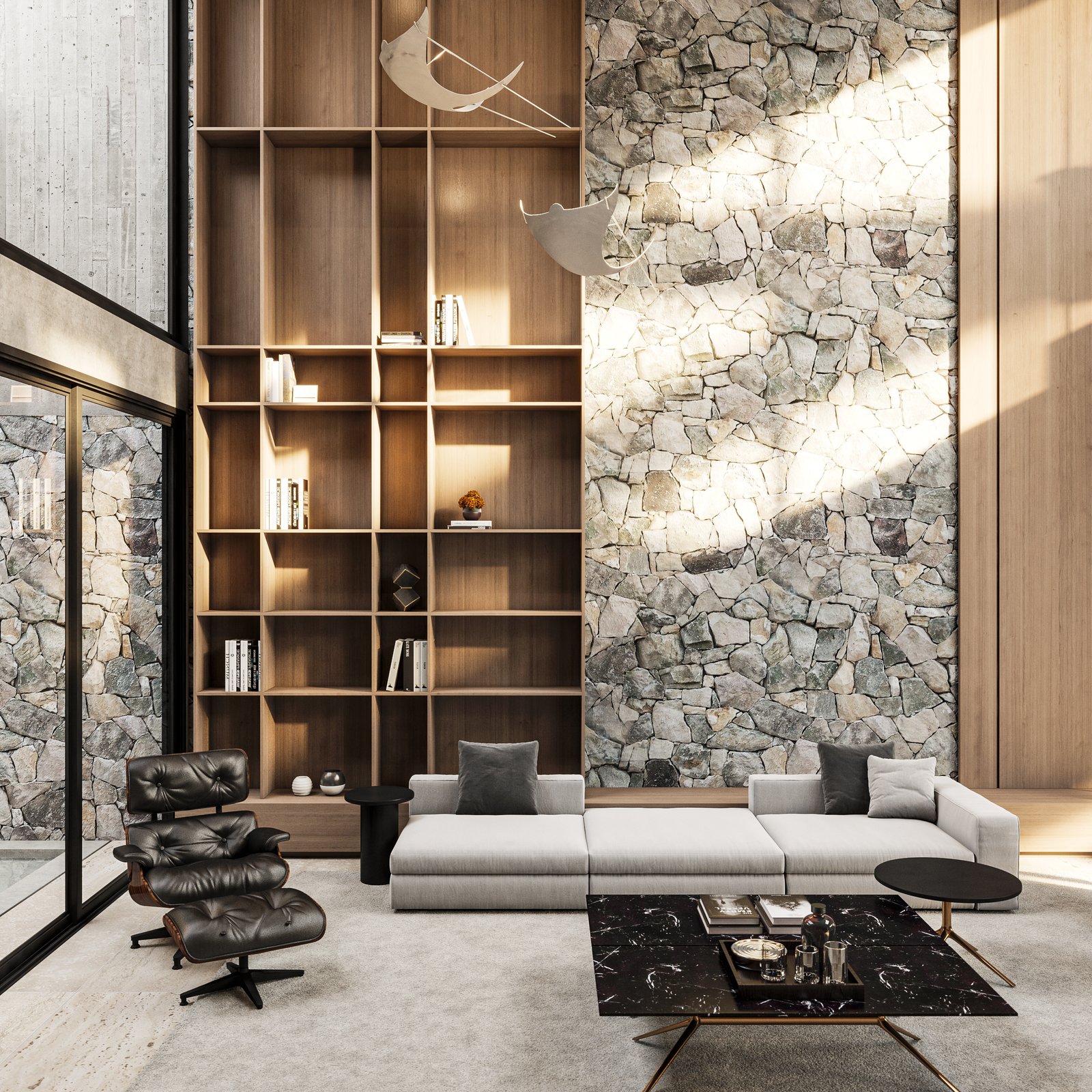 Living moderno con pared de piedra y muebles de diseño — proyecto Casa MITO, por Grupo CRBN, en Ituzaingó
