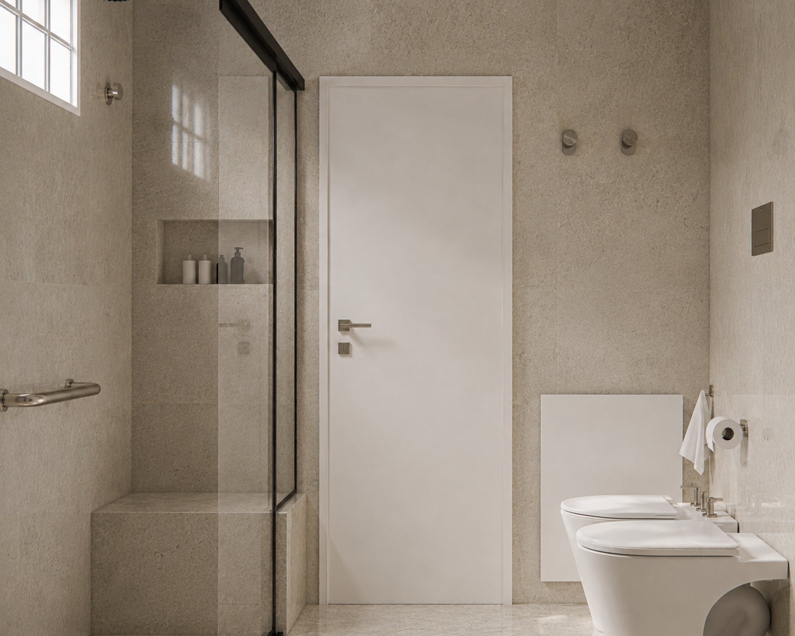 Baño moderno con revestimientos en piedra y ducha con nicho — proyecto Reforma departamento minimalista , por Mela Deco Design, en Buenos Aires