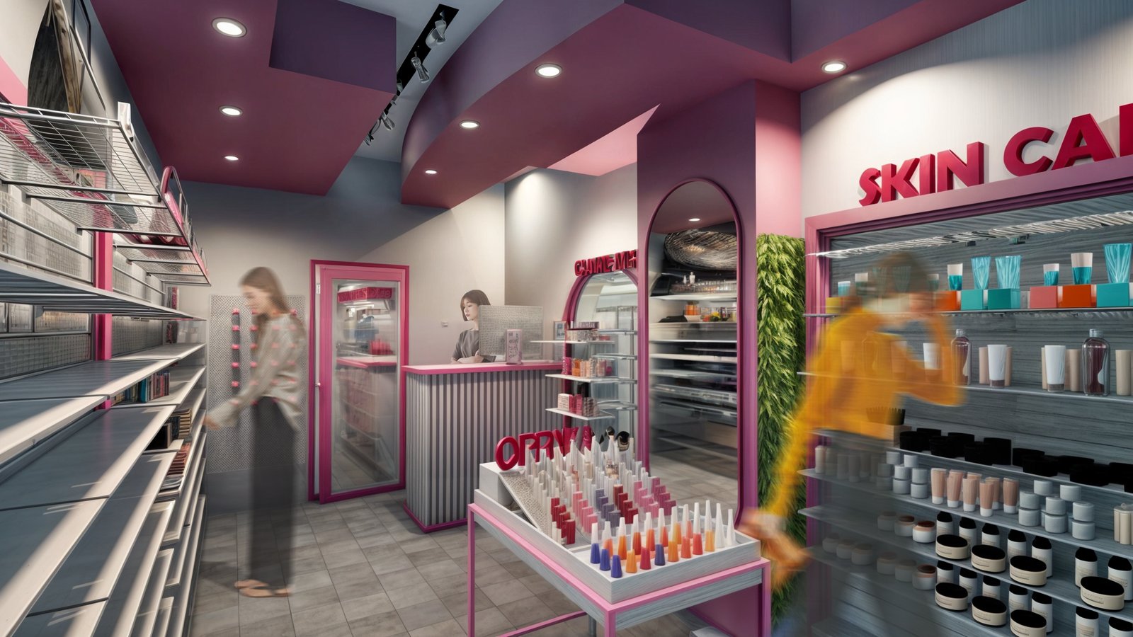 tienda de cosméticos moderna con paredes rosas y estantes — proyecto PROYECTO LOCAL , por TD Interiorismo, en San Fernando del Valle de Catamarca