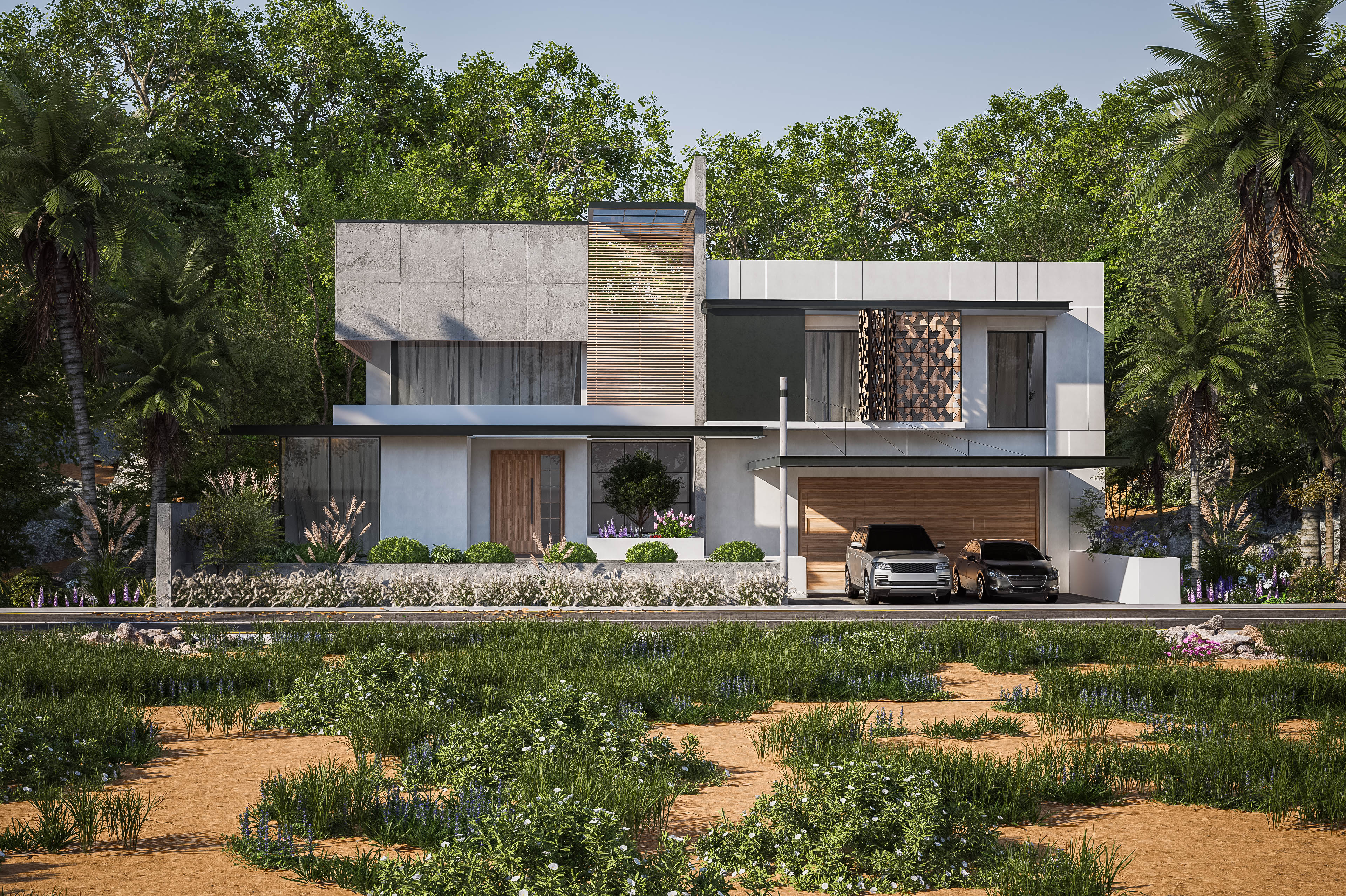 Hills Side Villa Architectural Render - Modern Exterior Design