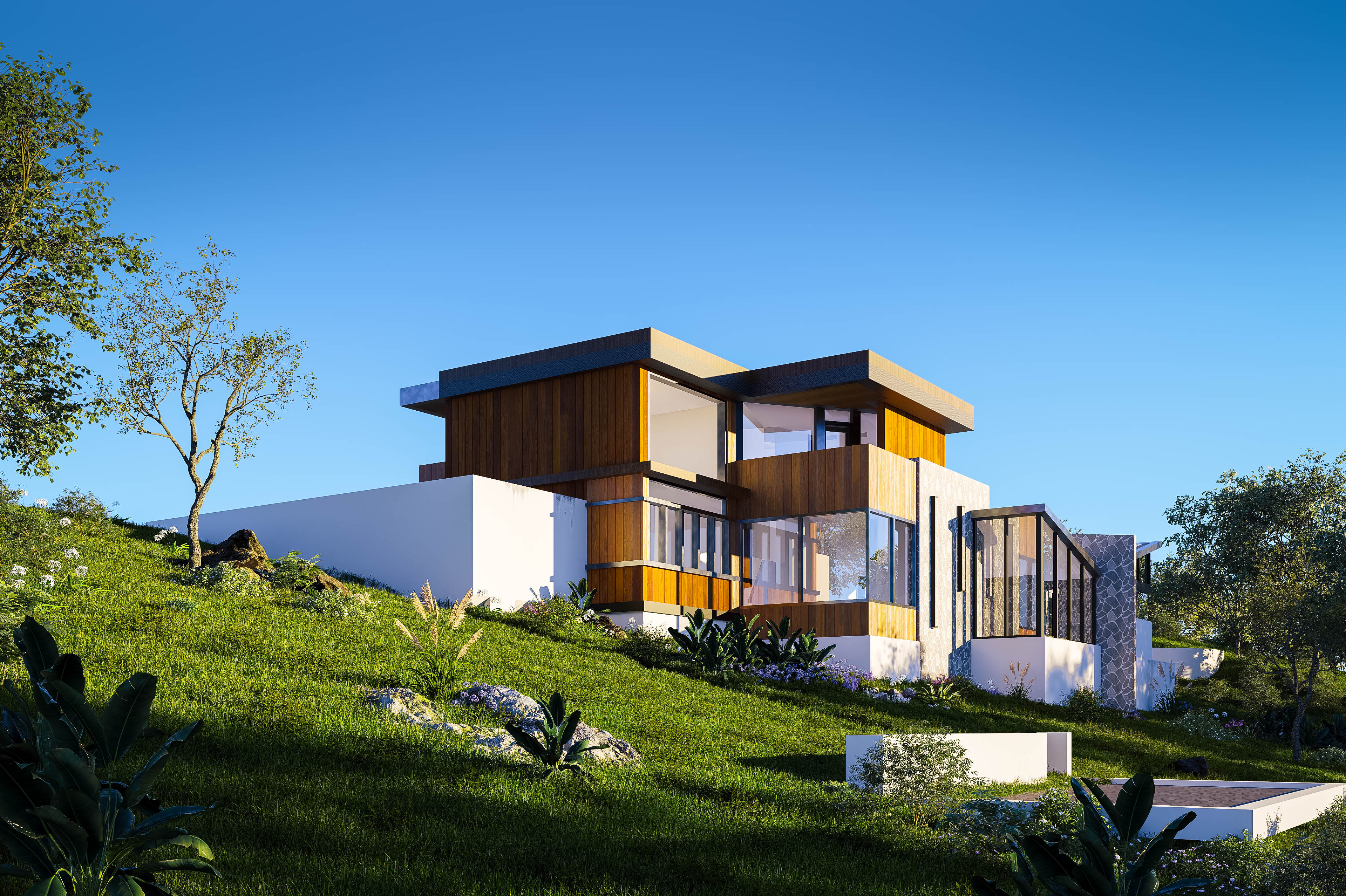 After: High-end quality exterior architectural render of the same building with enhanced lighting, realistic textures, and photorealism.