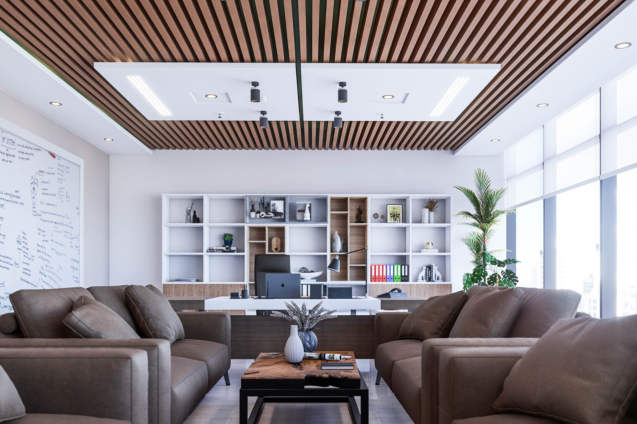 After: High-end quality interior render of the same living room with detailed furniture, realistic materials, and advanced lighting for photorealism.