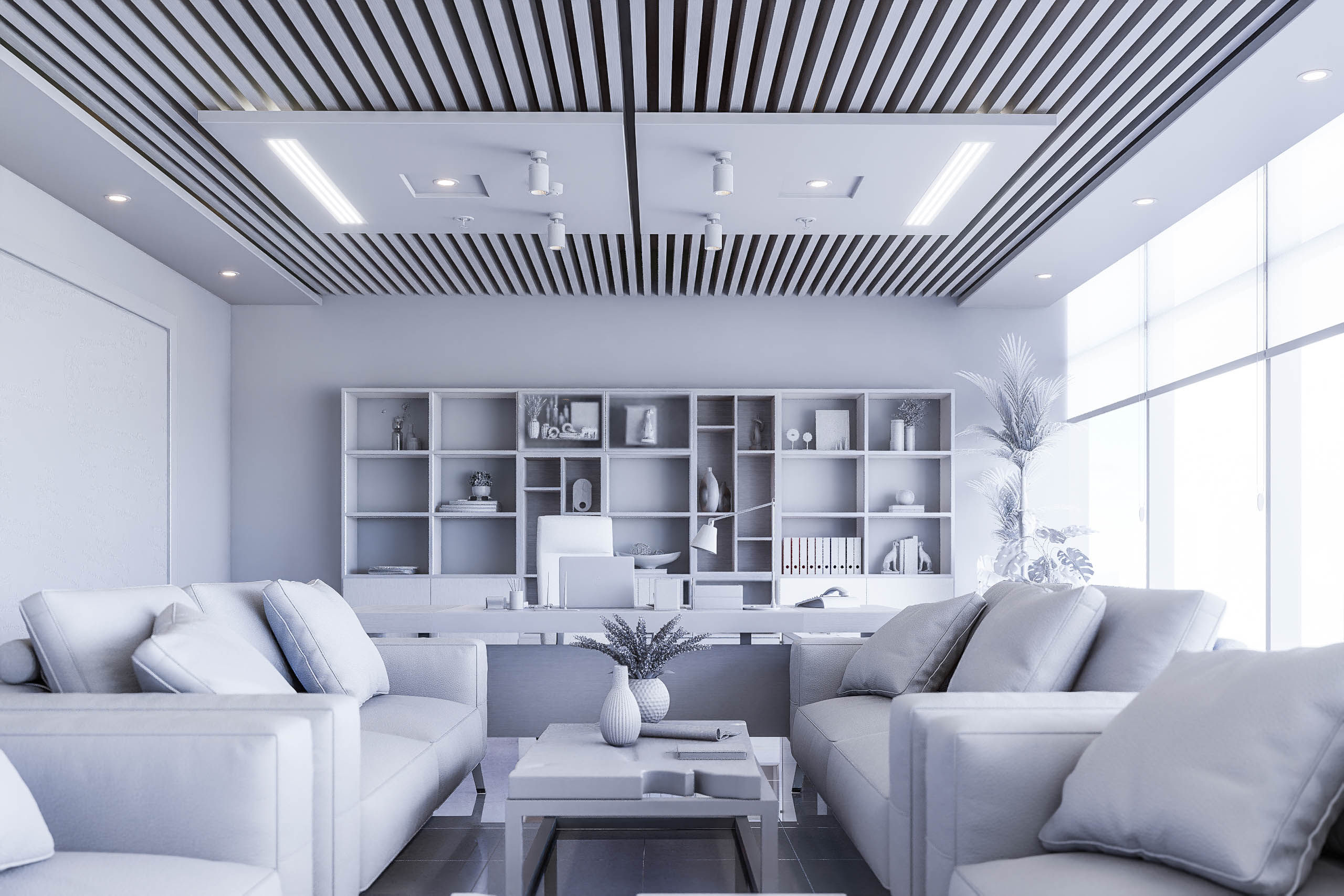 Before: Standard quality interior render of a living room with basic textures and lighting.