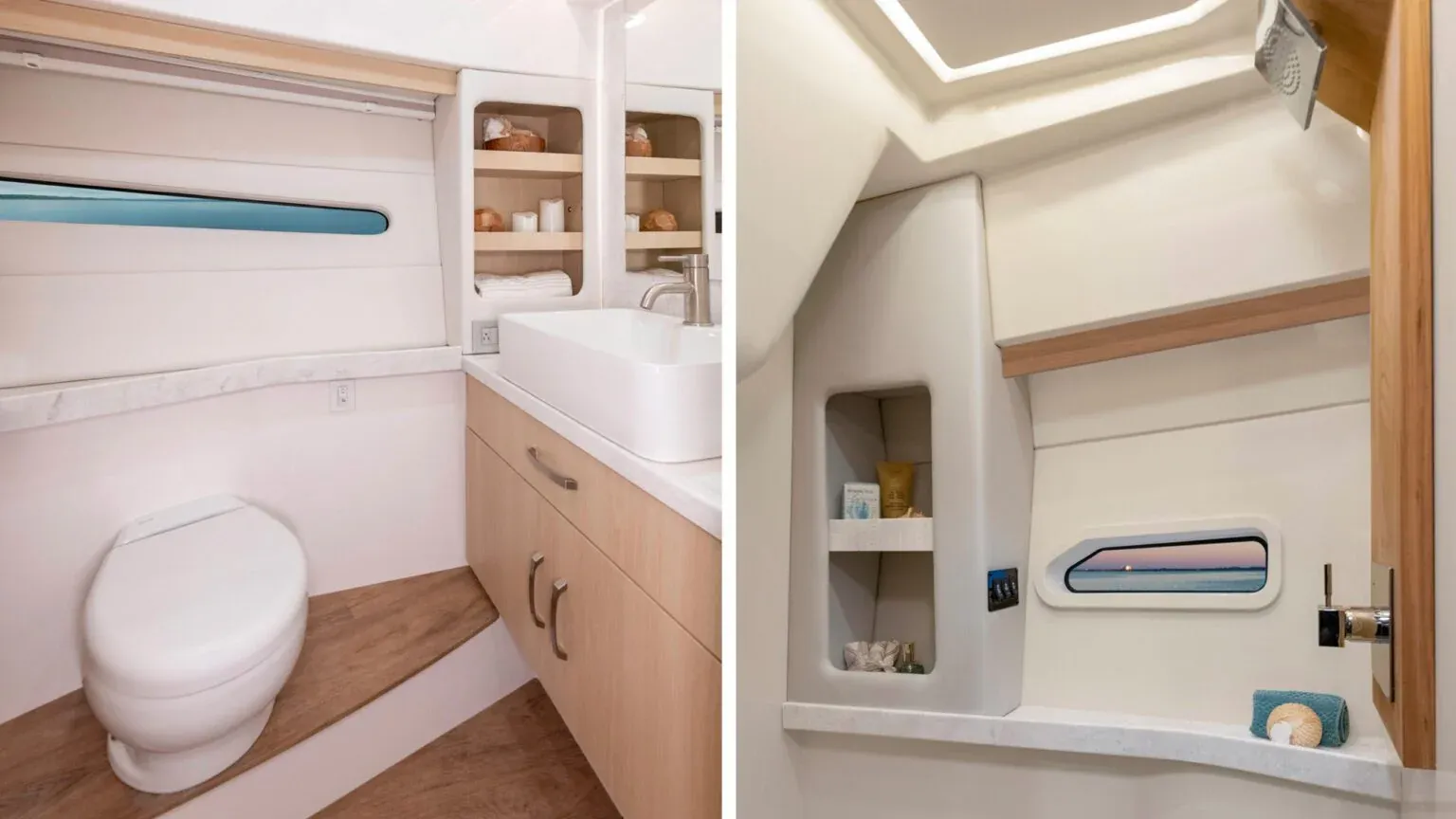 Łazienka z osobnym prysznicem walk-in na pokładzie Regal 38 Grande Coupe.