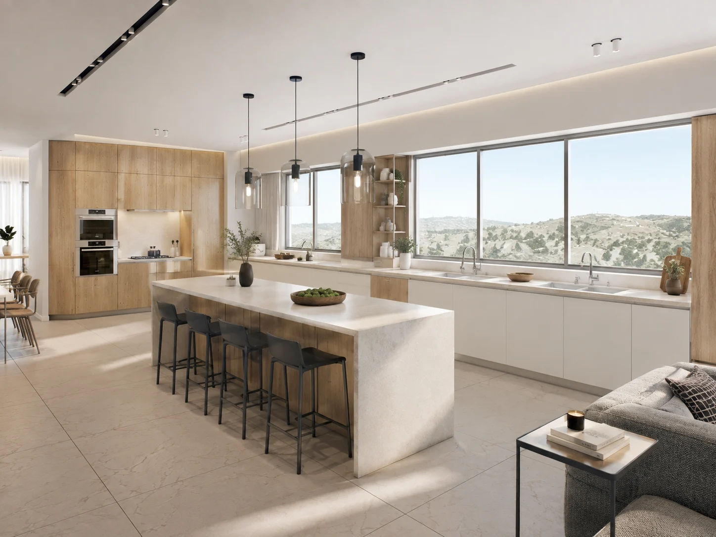 Spacious modern kitchen with large island and panoramic windows at Adumim Towers