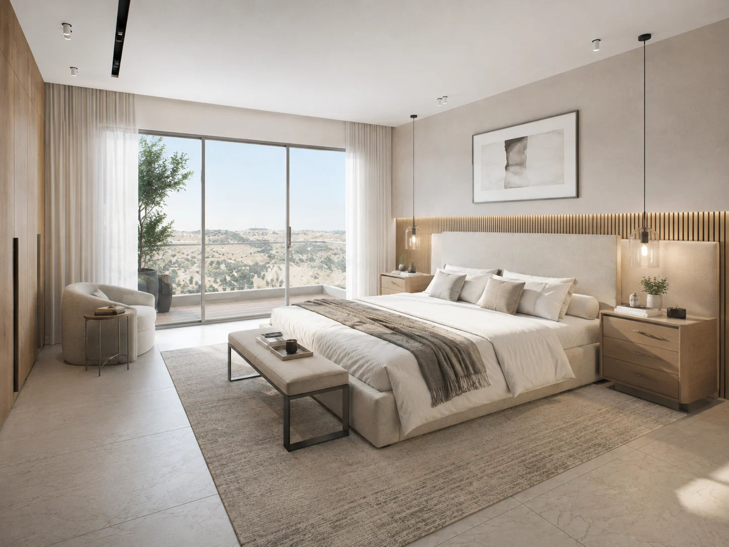 Spacious master bedroom with private balcony and open views at Adumim Towers