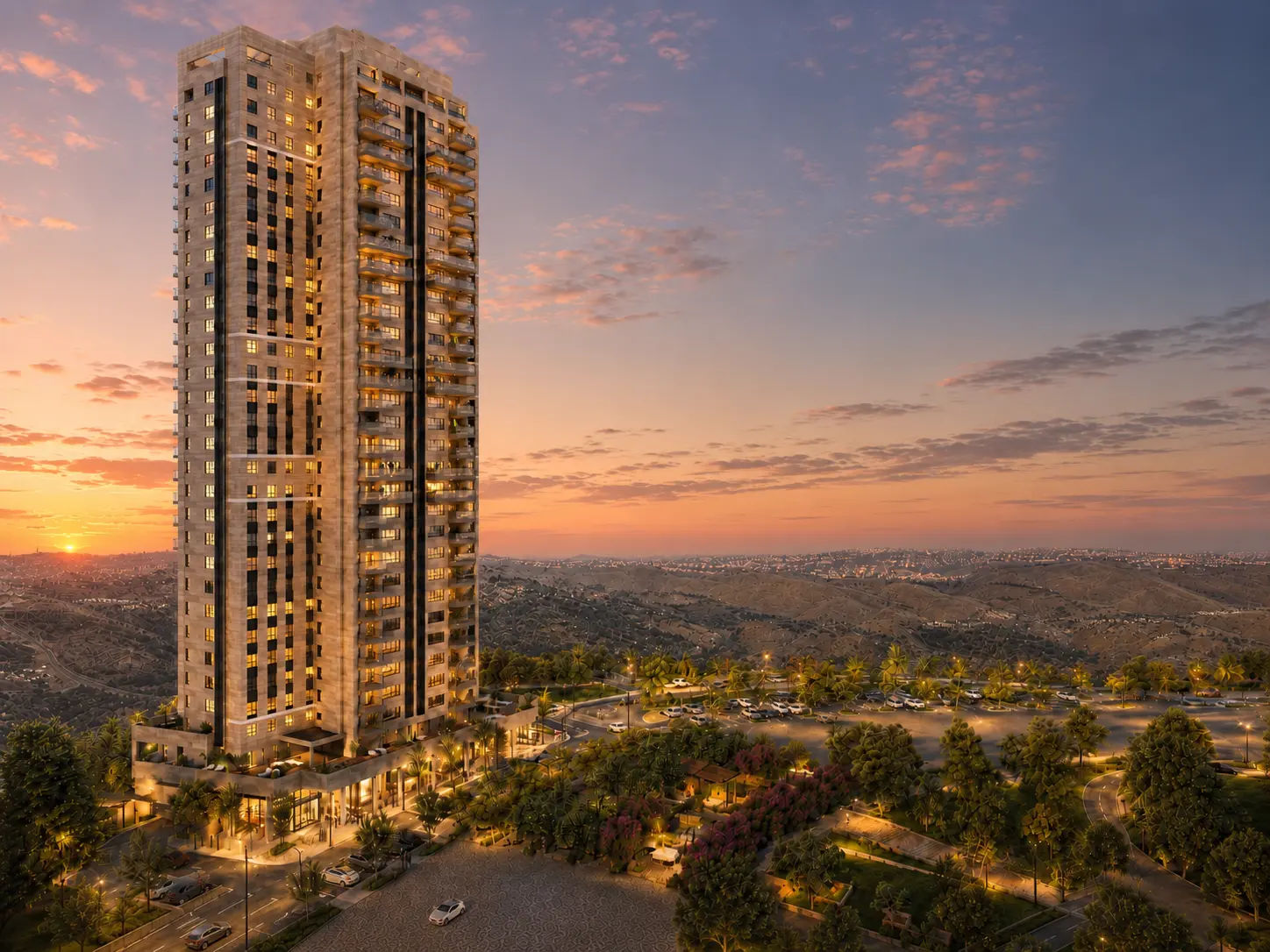 Luxury residential towers rising above Maale Adumim with the Judean hills beyond