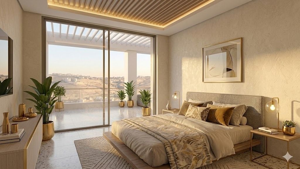 Luxury Adumim Towers bedroom with floor-to-ceiling glass opening to a balcony over the Maale Adumim hills