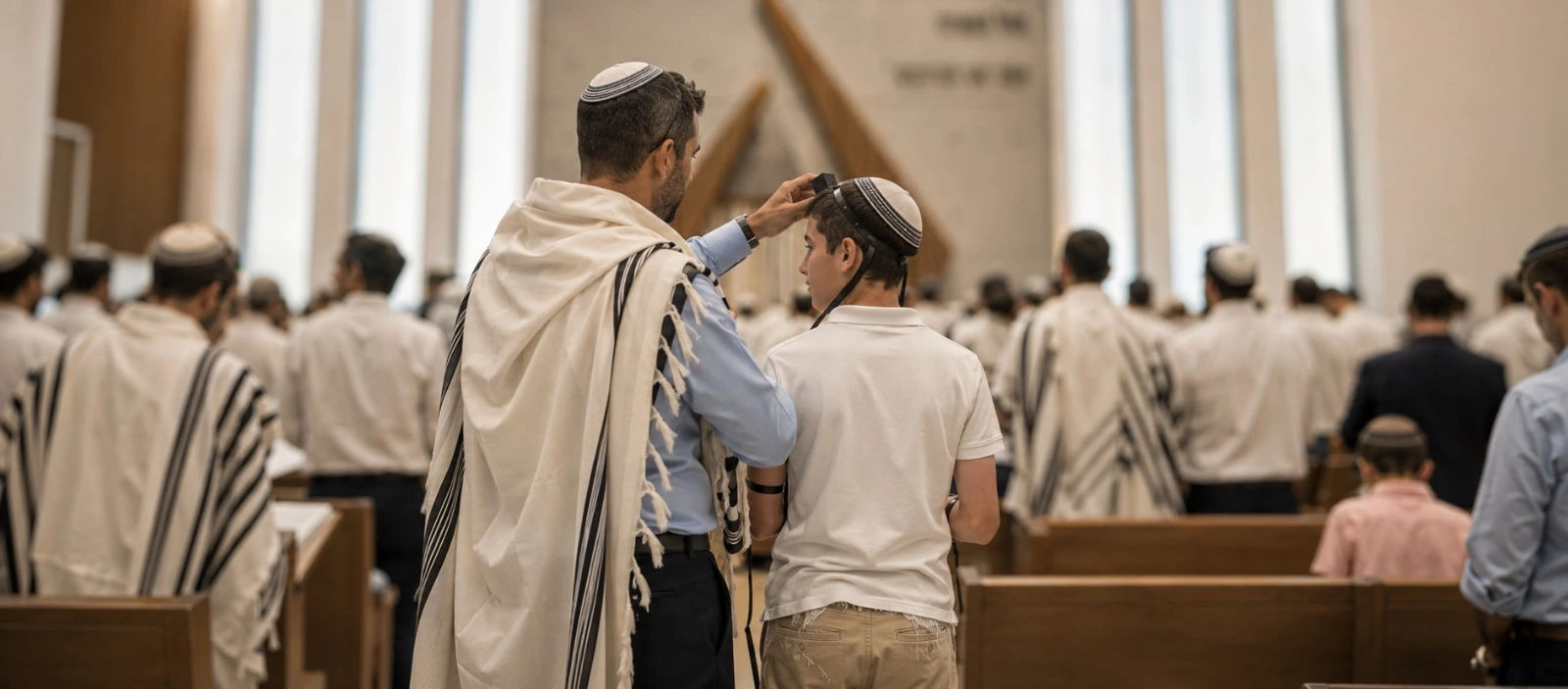 הקהילה מתפללת בבית הכנסת, אבא מניח תפילין לבן שלו.