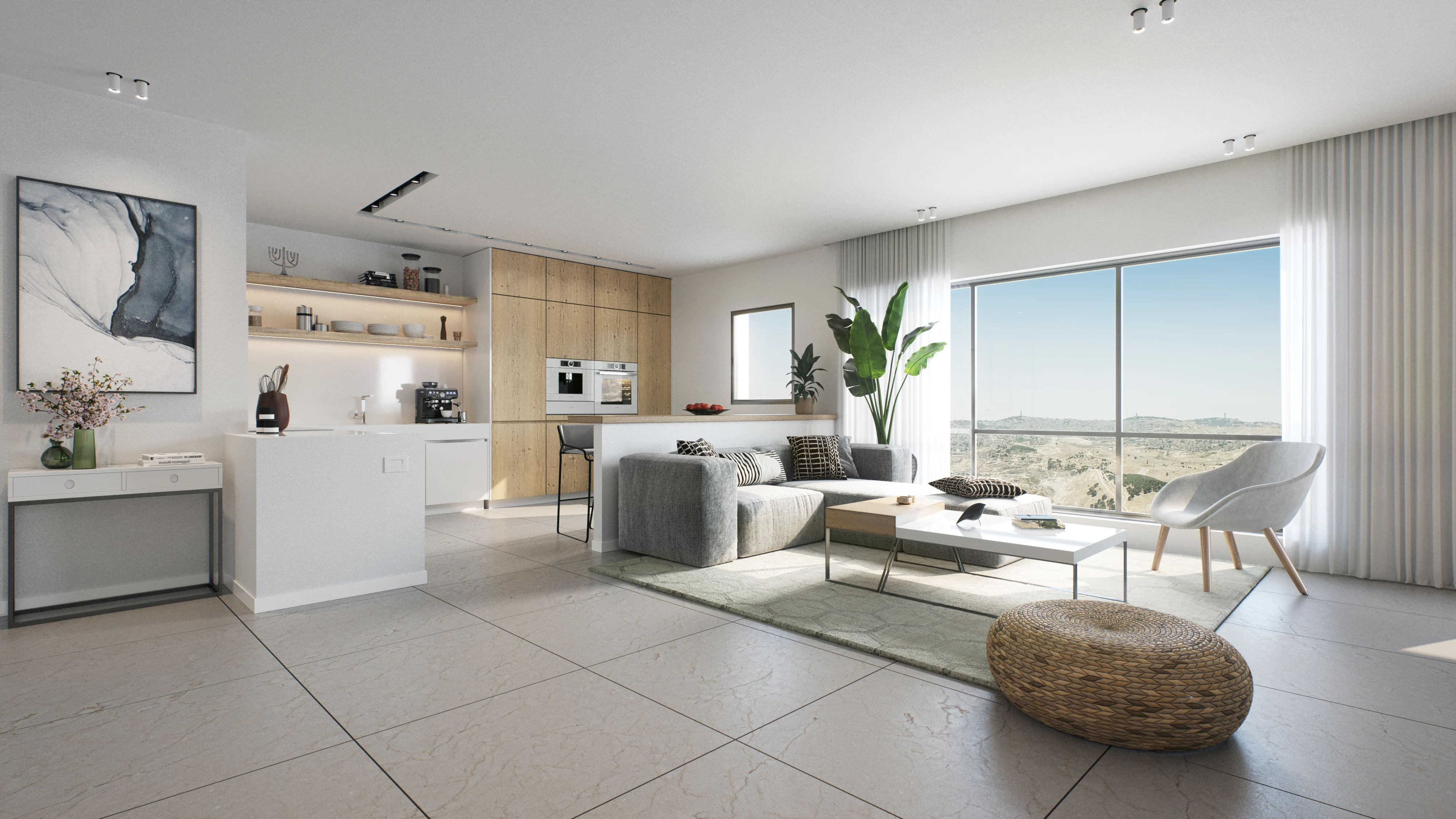 Open plan living room and kitchen with panoramic view at Adumim Towers