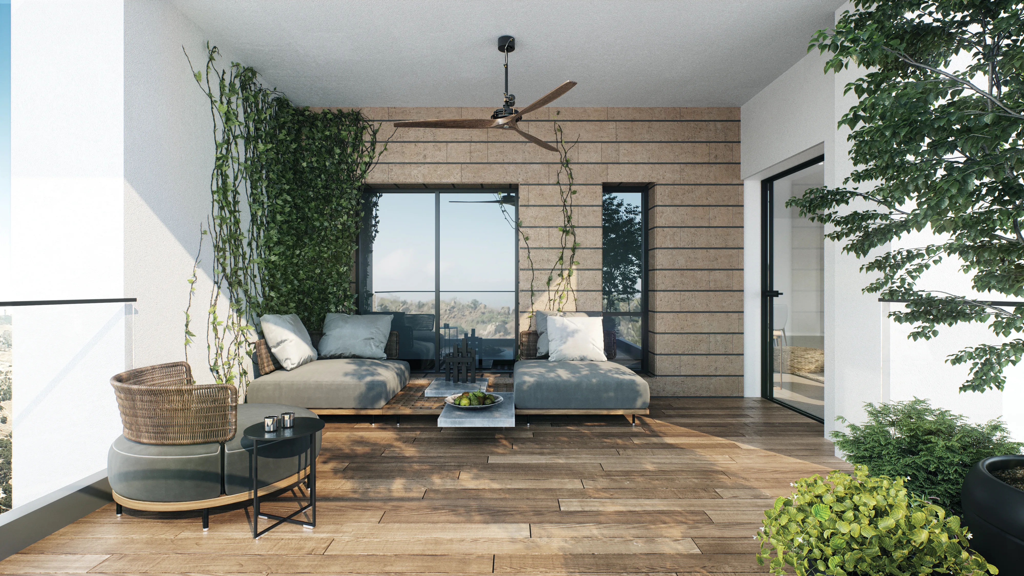 Large private balcony with seating and greenery at Adumim Towers