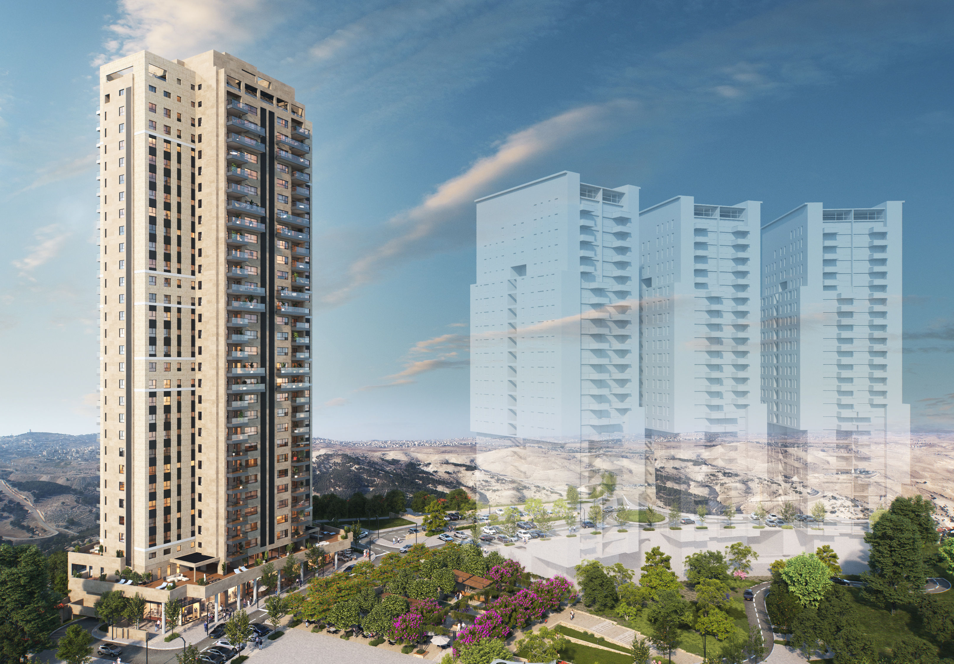 Adumim Towers residential complex with landscaped areas and commercial spaces