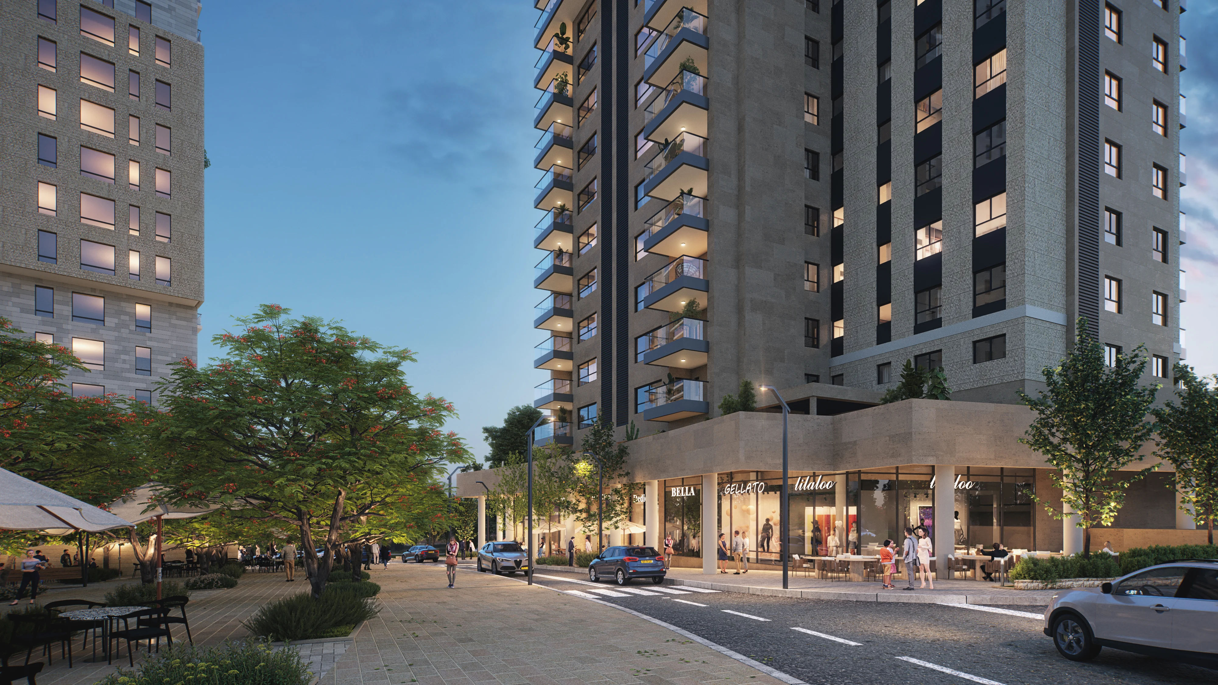 Rendering of Adumim Towers in Ma'ale Adumim – residential towers, commercial spaces, cafés, and green landscaping.