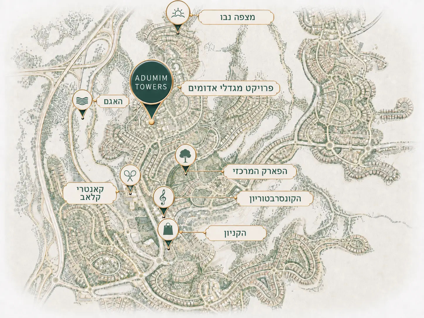 Illustrated locality map of Maale Adumim showing Adumim Towers and nearby amenities
