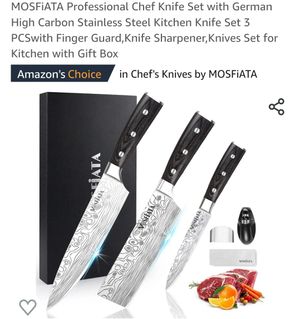 MOSFiATA Professional Chef Knife Set with German High Carbon Stainless  Steel Kitchen Knife Set 3 PCSwith Finger Guard,Knife Sharpener,Knives Set  for