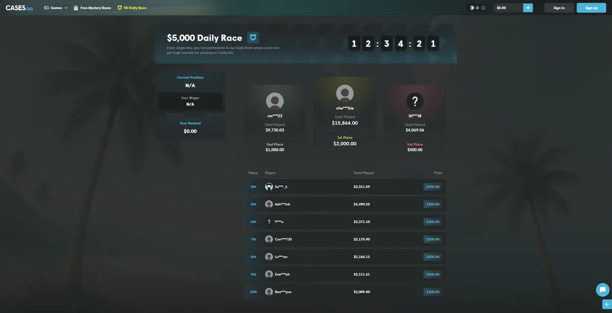 Cases.gg 5k daily race competition showing 2025 gambling tournament structure